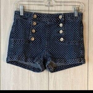Almost Famous button fly polka dot Mid Rise Dark Wash shorts sz 5 EUC Pin Up
